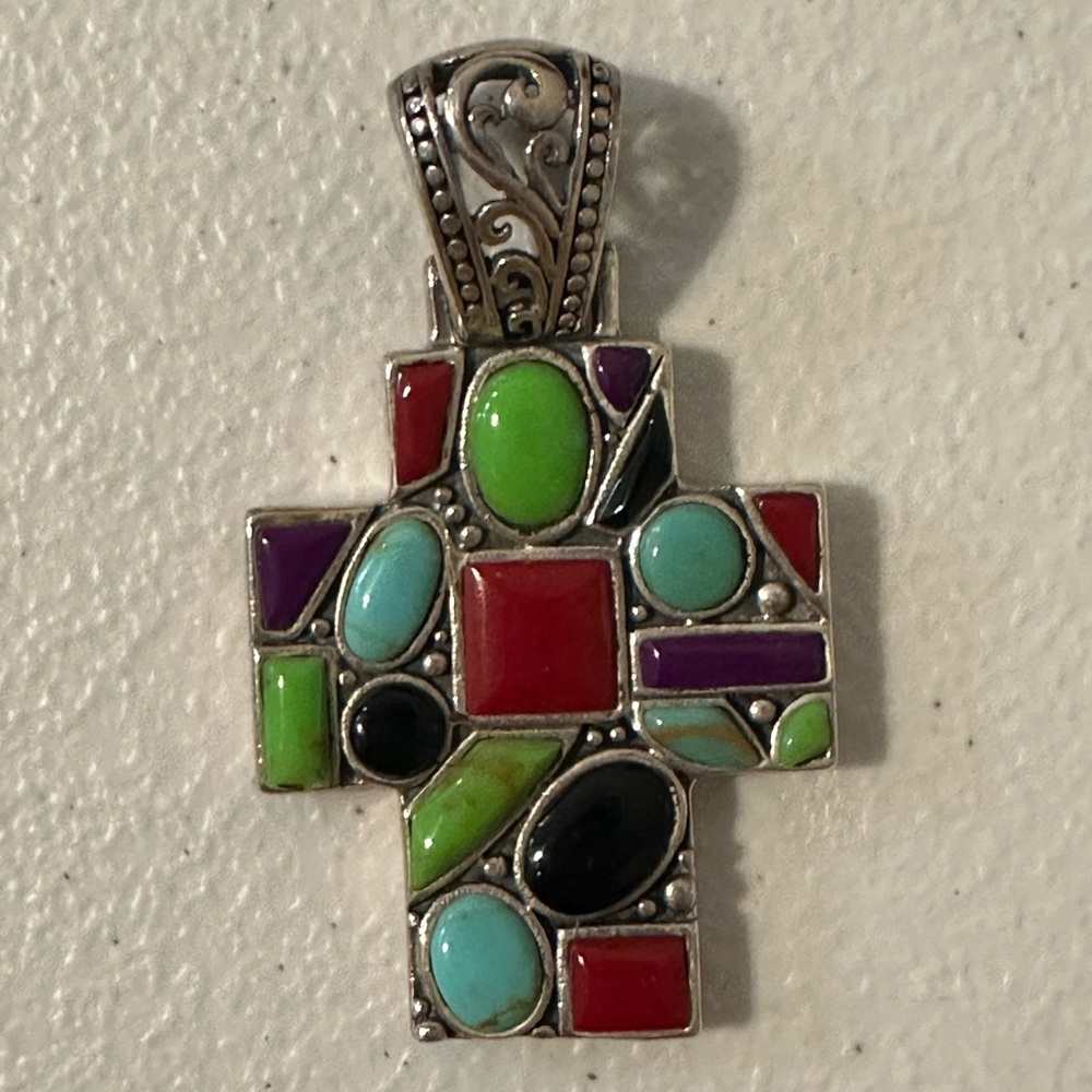 925 Multi Gemstone Mosaic Cross Pendant